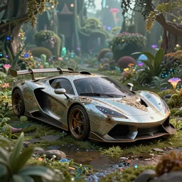 a fancy alien sports car abandoned on magical biome, unreal render, unreal engine 5, octane render, enchanted plants, cinematic, intricate, ornate, photorealistic, ultra detailed, realistic, 1 0 0 mm, photography, octane, high definition, depth of field, bokeh, 8 k, behance, trending on artstation
