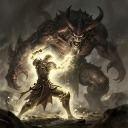 warrior of light fighting a demonic beast, concept art, trending on artstation, wlop, ross draws, digital painting, mixed media, intricate details, volumetric lighting