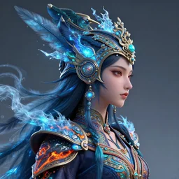 3 d warrior goddess close - up profile portrait. beautiful intricate highly detailed chuu!! magpie helm and richly embroidered blouse, quetzalcoatl, bioluminescent, plasma, lava, ice, feather, windy, artwork by tooth wu and wlop and annie leibovitz, octane 3 d render