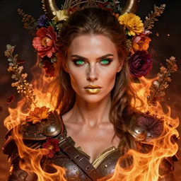 front frontal portrait of a beautiful viking cyborg warrior woman on fire, green eyes, gold lips, entwined in colourful lush flowers and fire, crown of fire, highly detailed, volumetric lighting, intricate time machine, decadent, highly detailed, octane render, concept art, smooth, sharp focus, hyper - realistic