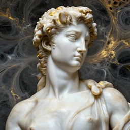 symmetrical close - up woman portrait shiny polished marble intricate statue by michelangelo buonarroti and by gian lorenzo bernini, partially gold plated, ultra - detailed flash studio photograph, liquid fractals