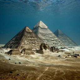 the pyramids of gizeh underwater, lots of fishes everywhere, epic, wide angle, dramatic light, ultra realistic, 4K, peter mohrbacher