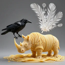 a raven and a rhino made of spaghetti, intricate and elegant feathers made of fractals of spagetthi, highly detailed, by giuseppe arcimboldo and ambrosius benson, renaissance, romanticism, intricate and intense oil paint, a touch of beksinski, realistic
