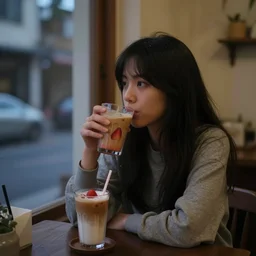 beautiful mysterious coffee shop girl, sitting across the room, drinking a strawberry iced latte, dim light, dusk, moody lighting, real photo, real camera, amazing quality, 8 k