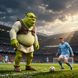 shrek scoring a goal for manchester city football club