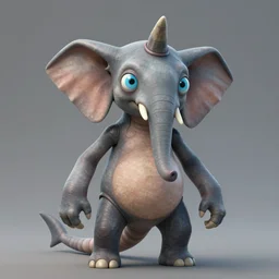 a massive, unique, legless creature with an angular head with a stubby horn on the forehead, two enormous light blue eyes on flexible stalks, elephantine ears, no nose, and a shark - like jaw. it has a very short neck, and it has four stubby, useless arms. it has a feminine chest with a large stomach, a segmented waist and a worm