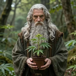 Gandalf from the hobbit holding a marijuana plant, amazing digital art, trending on artstation, highly detailed