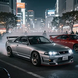 a car Nissan R33 GTR twin turbo drift at illegal car meet, Shibuya prefecture, city midnight mist lights, cinematic lighting, photorealistic, highly detailed wheels, high detail