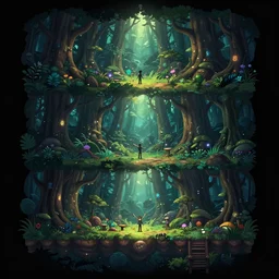 enchanted magical mysterious forest, parallax layer from a gorgeous indie platform game, on a black background.