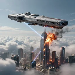 a large destroyer class spaceship hovering above a big distopian city in the clouds, shooting a laser into a tall skyscraper that is being split in half and exploding, ultra realistic, 4k, octane render, unreal engine, trending on artstation