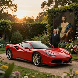 ferrari f 4 0, golden hour, in a garden, artstation, by j. c. leyendecker and peter paul rubens,