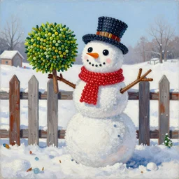 a painting of a snowman holding a hedge in front of a fence, a detailed painting by Ilya Ostroukhov, deviantart, naive art, detailed painting, storybook illustration, made of beads and yarn