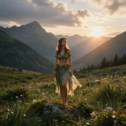 lovely and mystical nature fairy in a beautiful alpine high moorland landscape, Fai, sunrise, Artstation