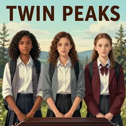 Twin Peaks poster artwork by Michael Whelan and Tomer Hanuka, Rendering of three high school students standing in a row, Zendaya, Maisie Williams and Jennifer Connelly are attending a funeral from scene from Twin Peaks, full of details, by Makoto Shinkai and thomas kinkade, Matte painting, trending on artstation and unreal engine