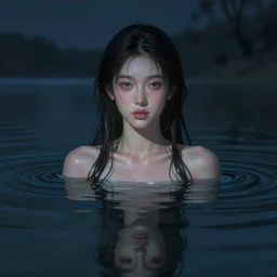! dream symmetry!! portrait of beautiful lady of the lake, half submerged in water, highly detailed, digital painting, artstation, night scene, wlop concept art, smooth, sharp focus, illustration, art by artgerm and greg rutkowski, 8 k