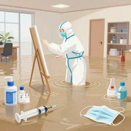 painting of flood waters, a tall pathology student wearing scrubs and ppe in her apartment, a river flooding inside, medical supplies, medical mask, syringes, pathology sample test tubes, pigs, plants in a glass vase, water, river, rapids, waterfall, canoe, pomegranate, berries dripping, swans, acrylic on canvas, surrealist, by magritte and monet
