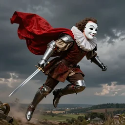 man wearing theater comedy mask flies over a landscape , he is wearing elizabethan boots and ruff, he is wearing a red billowing capelet draped over his shoulder, he is wearing metal gauntlets and metal greaves, he carries a shortsword in his left hand, dramatic theater lighting