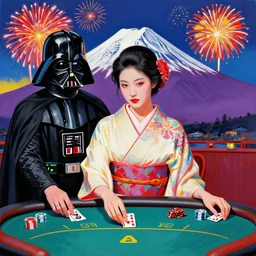 hyperrealistic composition of the woman in a japanese kimono sitting at a poker table with darth vader, fireworks, mount fuji on the background, pop - art style, jacky tsai style, andy warhol style, acrylic on canvas