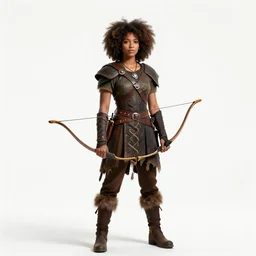 afro-haired elf ranger with bow, studio photography, full body, standing, isolated on a pure white background, centered, whole figure in frame, sharp focus, studio lighting