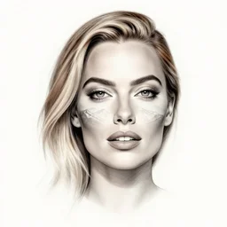 face morph tattoo design sketch of margot robbie blended in beautiful mountain scenery, in the style of chris mataafa, amazing detail
