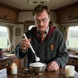 walter white teaches harry potter to cook meth, hd, photorealistic, caravan interior, cinematic
