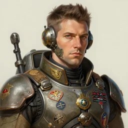 close up portrait of jay weingarten wearing battle armor, adorned with military badges, solarpunk, retrofuturist! intricate, elegant, highly detailed, ray tracing, digital painting, artstation, concept art, smooth, sharp focus, illustration, art by artgerm and greg rutkowski and alphonse mucha, 8 k