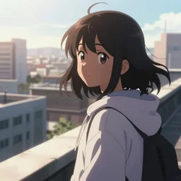 anime visual portrait of a young black haired girl wearing hoodie sightseeing above the urban city school rooftop sunny day cute face dramatic lighting dynamic perspective strong silhouette
