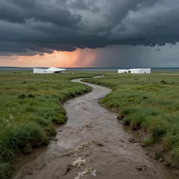 muddy river leads to sea by hiroshi yoshida, marc simonetti, roger deakins, turner, rothko, hyperrealism, cinematic, grassland, dramatic storm sunset, modernist white buildings, matte painting, fluid simulation, tonalism, volumetric light, trending on artstation, cgsociety, high detail concept art, top view, rendered in octane