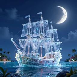a translucent ghost ship full of ghost and skereton pirates anchored near an inhabited island in the Caribbean at night, a single large crescent moon, vibrant colors, an award-winning high-quality digital art, hyperrealistic