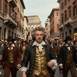 Goethe in crowded streets, carnival Rome in 1789, matte painting, concept art, , octane render, trending on artstation, artstationHD, artstationHQ, unreal engine, 4k, 8k
