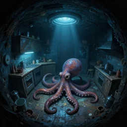 dark tenebroso, fisheye spiral, naive, extra narrow, detailed illustration of a basement kitchen, large floor, octopus shaped by rhads from lorax movie, trending artstation, dark blue underwater