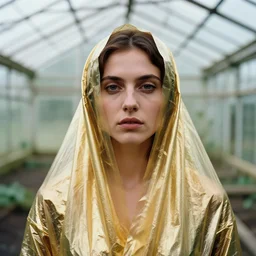 closeup portrait of a woman wrapped in gold cellophane, standing in a derelict greenhouse, color photograph, by caravaggio, canon eos c 3 0 0, ƒ 1. 8, 3 5 mm, 8 k, medium - format print