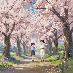 Rendering of a scene with cherry blossom forest，by Makoto Shinkai and Thomas Kinkade, fantasy matte painting, trending on cgsociety and unreal engine，light effect，highly detailed，super wide angle，