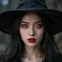 realistic portrait of a witch woman with glowing red eyes, detailed, ultra realistic, 8 k