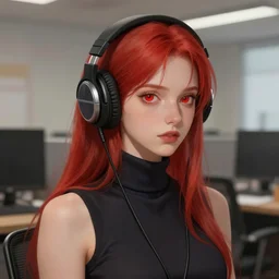 girl with red hair and red eyes wearing headphones, sleeveless turtleneck, with office background. digital painting, by valerian city of a thousand planets, by ruan jin #, by mandy jurgens #, by artgerm #, william - adolphe bouguerea #