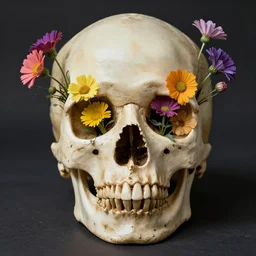 a photo of a skull with a beautiful assortment of colorful flowers growing out of the eye holes and nostril holes, art nouveau photography, studio lighting