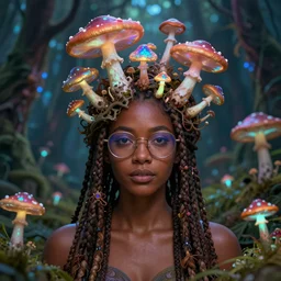 a brown woman with dreads and glasses with iridescent mushrooms growing out of her head, phosphorescent mushrooms, blooming forest. highly detailed fantasy, psychedelic portrait, rich colors, high contrast. artstation