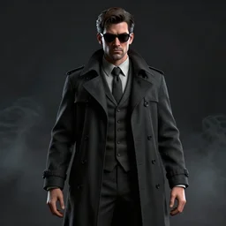 Retro styled dark noir fashion photo portrait of a mysterious figure, noir film aesthetic, 3d render, smoke, tense atmosphere, mafia, trenchcoat