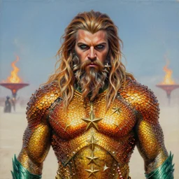 intricate five star portrait of aquaman dressed up at the burning man festival, oil on canvas, hdr, high detail, photo realistic, hyperrealism, matte finish, high contrast, 3 d depth, centered, masterpiece, tasteful colors, enhanced light effect, enhanced eye detail, artstationhd