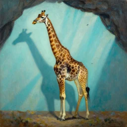 giraffe  full body pose , sun rays , big shadows, small bird sihouettes  in cyan background , very textured detailed  oil painting by rembrandt , hard backlight , in dark cave