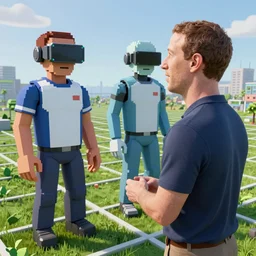 mark zuckerberg introducing himself to two npc avatars when they log into the metaverse for the first time, grid landscape, hdr, hyperrealism, 3 d, pixelated