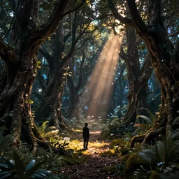 concept art inside of the dark wood, cinematic view, epic magic night, detailed, concept art, high detail, warm lighting, volumetric, godrays, vivid, beautiful, trending on artstation, by jordan grimmer, huge scene, art greg rutkowski