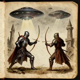 knights and archers fight against ufos, old codex page, 4 k,
