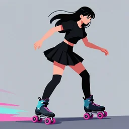 rollerblading, neon and black clothes, seifuku, pleated miniskirt, overknee socks, battle angel alita. by rembrandt 1 6 6 7, illustration, by konstantin razumov