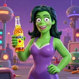 happy she - hulk from futurama holding a bottle of delicious pineapple, cherry & banana flavoured nuka cola, post apocalypse, unreal engine, retro futurism, dieselpunk, 3 d art, concept art, highly detailed, pop art, by artgerm and jakub rozalsky