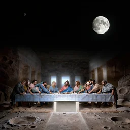 the last supper on the moon, space in distance, moon craters, dark,
