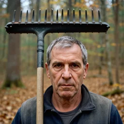 closeup portrait of a cleaner with a huge rake in a fall forest, by Steve McCurry and David Lazar, natural light, detailed face, CANON Eos C300, ƒ1.8, 35mm, 8K, medium-format print