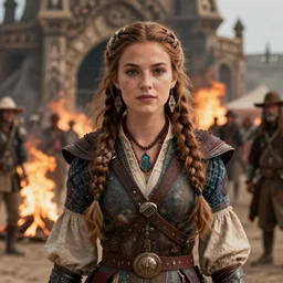detailed ultrarealistic photography front medium shot of dnd dungeon fantasy sansa stark lord of the rings burningman festival ethnic rustic girl warrior leyendecker, norman rockwell, greg rutkowski, jim henson artstation cinematic, vray game of thrones,