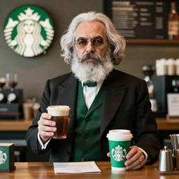 Karl Marx dressed as Starbucks barista, photography, 4k