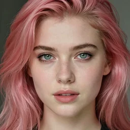 portrait of a beautiful 20-year-old woman with pink hair ay Mario Testino, green eyes, ca. 1990, close up, detailed, award winning, Sony a7R